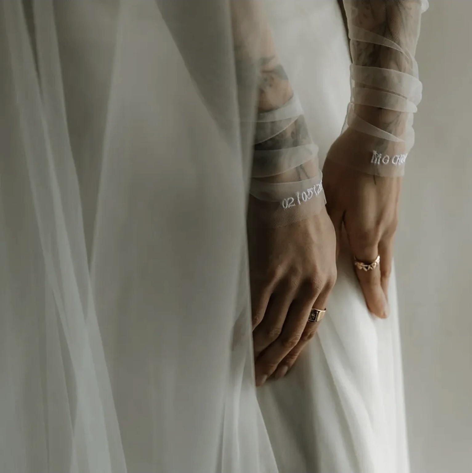 Personalised soft tulle bridal sleeves with embroidered wedding date and Irish phrase