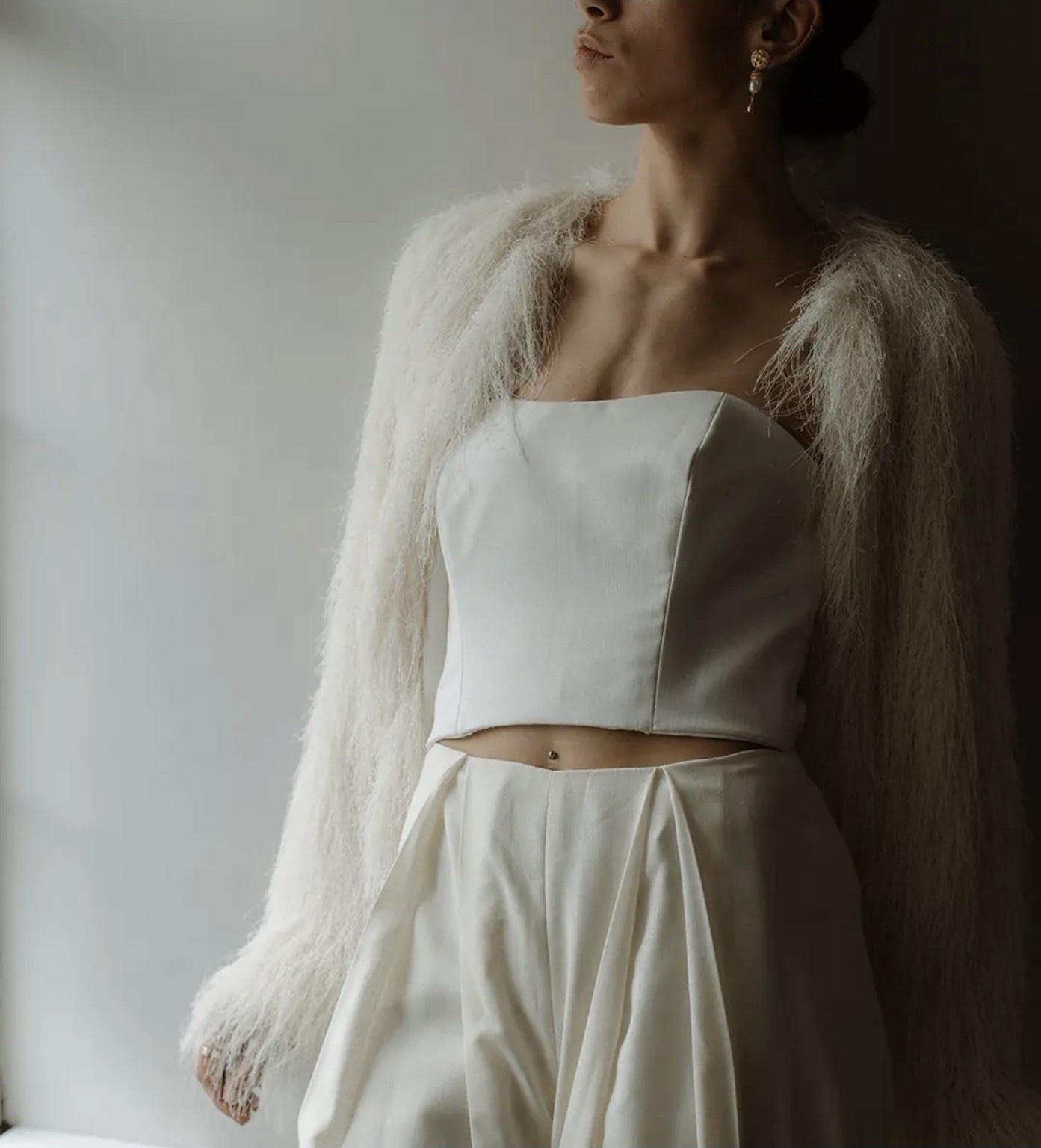 Studio Nora dressmaking bridal separates with a structured top and soft jacket
